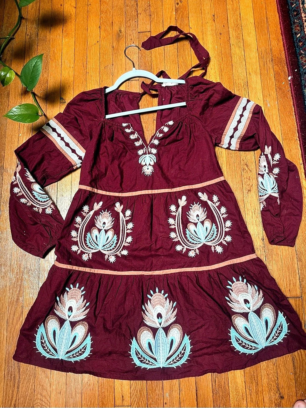 Let Me Be Embroidered Floral Mini Dress, Burgundy & Blue XS